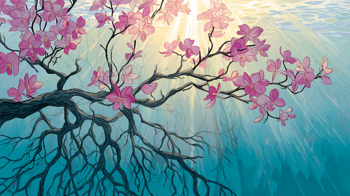 Papier peint orchidées Branches d'orchidées roses sur fond aquatique apaisant