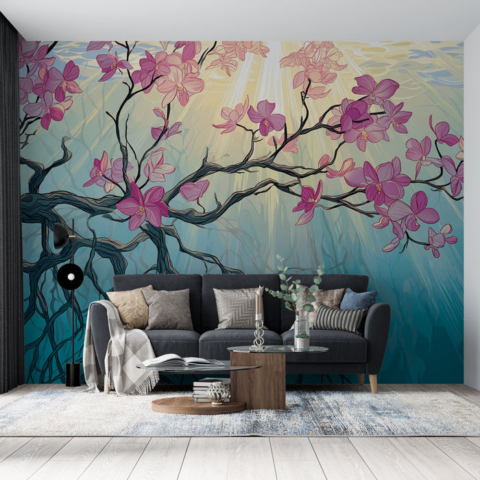 Un salon moderne avec un papier peint floral représentant des branches de magnolia aux fleurs roses sur un dégradé bleu, créant une atmosphère apaisante et élégante.