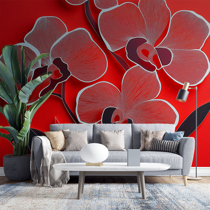 Papier peint orchidées stylisées sur fond rouge vibrant pour salon moderne
