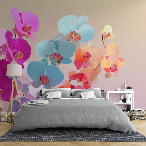 Une chambre moderne avec un papier peint floral aux couleurs pastel représentant des orchidées délicates, créant une ambiance douce et apaisante.