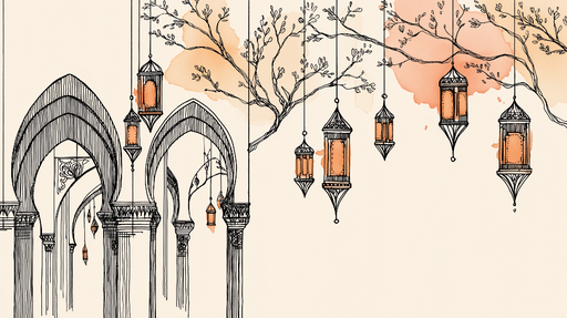 Papier peint oriental Arcades élégantes et lanternes suspendues