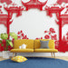 Papier peint oriental rouge avec motifs floraux et architectures traditionnelles pour salon élégant