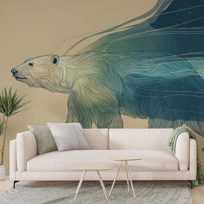 Un salon contemporain avec un papier peint représentant un ours polaire stylisé aux lignes fluides et aux dégradés de bleu, créant une ambiance artistique et apaisante.
