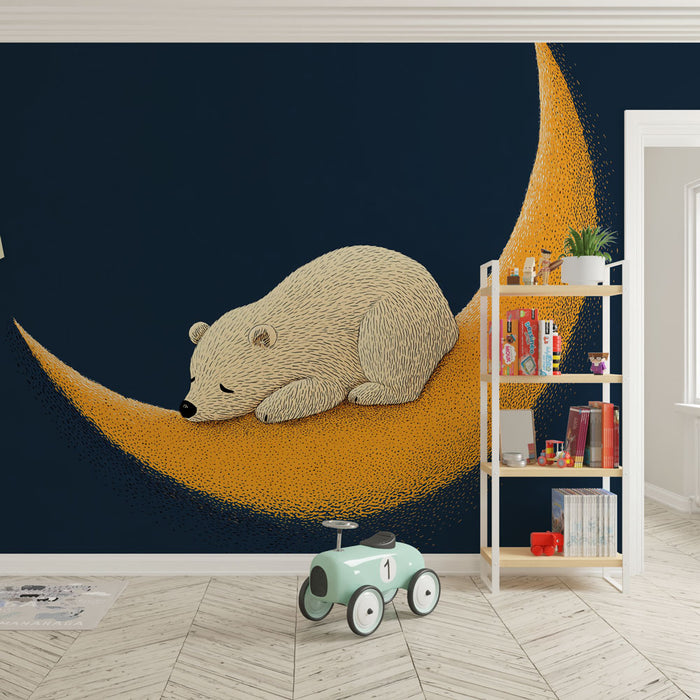 Une chambre d'enfant avec un papier peint illustrant un ours polaire endormi sur une lune dorée, créant une ambiance douce et rêveuse.