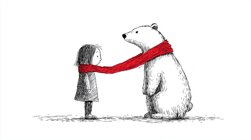 Papier peint ours et enfant Enfant et ours partageant une écharpe rouge