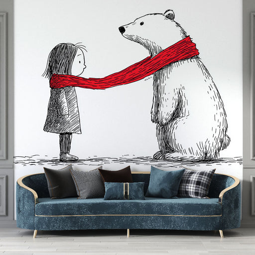 Une pièce moderne avec un papier peint illustratif représentant une petite fille et un ours polaire, créant une atmosphère douce et imaginative.
