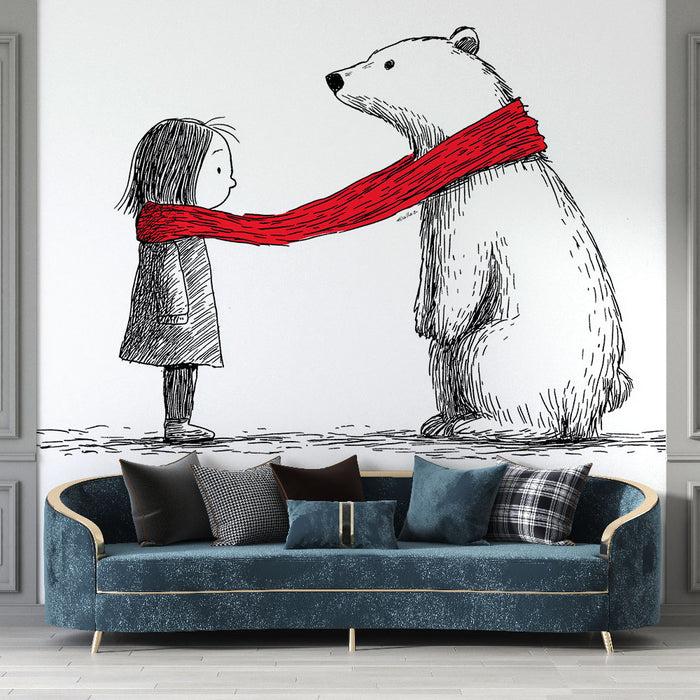 Une pièce moderne avec un papier peint illustratif représentant une petite fille et un ours polaire, créant une atmosphère douce et imaginative.