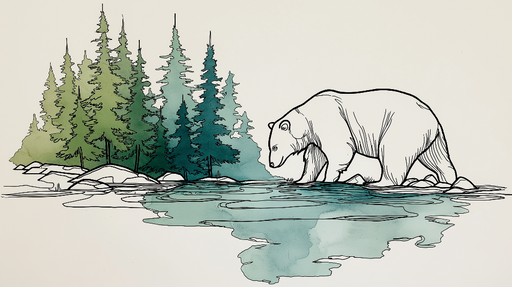 Papier peint ours et forêt Illustration d'un ours près d'un lac et de sapins stylisés