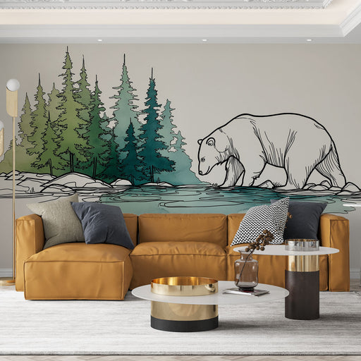 Un salon contemporain avec un papier peint illustratif représentant un ours et des arbres verts, créant une ambiance naturelle et apaisante.