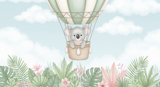 Papier peint ours koala Un adorable koala dans un montgolfière au-dessus d'une jungle tropicale