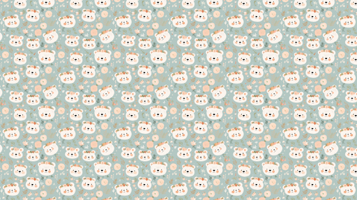 Papier peint enfantin aux motifs de têtes d'ours souriants ornées de fleurs sur un fond bleu doux, créant une ambiance joyeuse et chaleureuse.