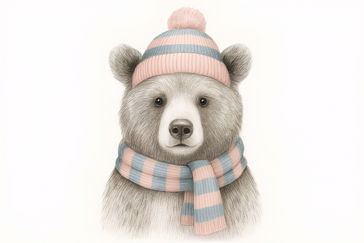 Papier peint ours mignon Un ours au bonnet et écharpe colorés