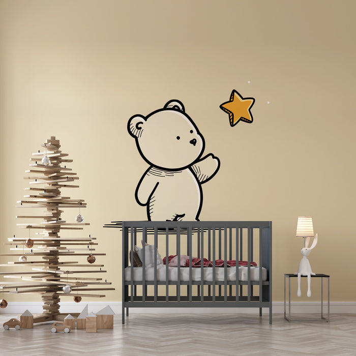 Une chambre d'enfant avec un papier peint illustrant un ours mignon tenant une étoile, créant une atmosphère douce et ludique.