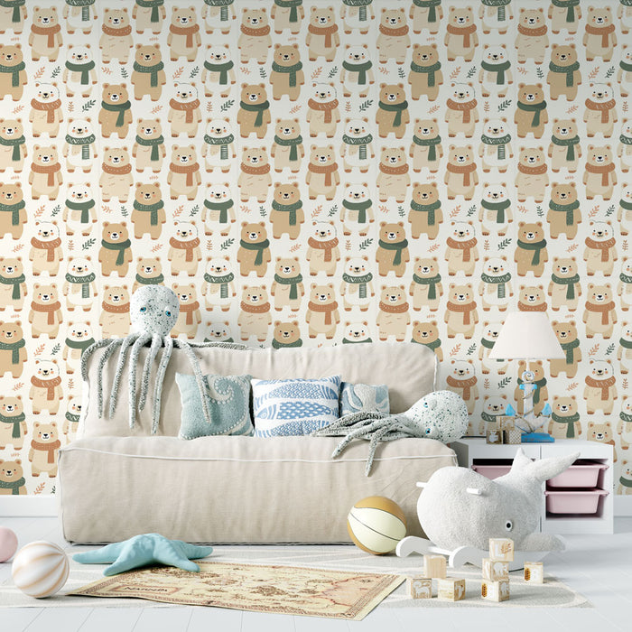 Une chambre d’enfant avec un papier peint ludique représentant des ours souriants en écharpe, créant une atmosphère joyeuse et chaleureuse.