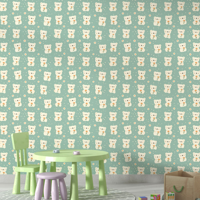 Une chambre d'enfant avec un papier peint ludique représentant des ours en peluche sur fond vert pastel, créant une ambiance douce et réconfortante.