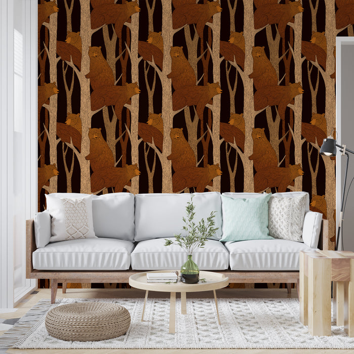 Un salon moderne avec un papier peint illustrant des ours bruns sur un fond noir, créant une ambiance chaleureuse et naturelle.