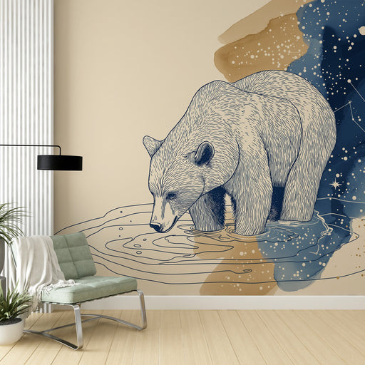 Une pièce moderne avec un papier peint illustrant un ours en ligne claire, entouré de formes abstraites bleues et dorées, créant une ambiance artistique et apaisante.