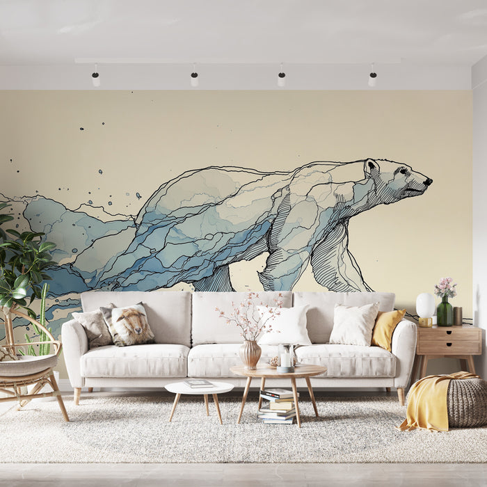 Un salon moderne avec un papier peint illustrant un ours polaire stylisé en bleu et noir, évoquant une ambiance artistique et apaisante.