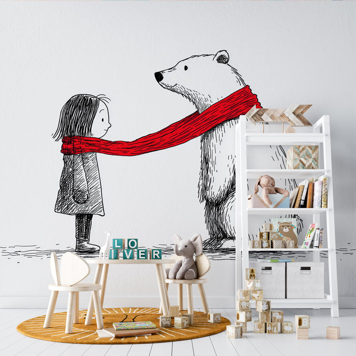 Une chambre d'enfant avec un papier peint illustratif représentant une petite fille et un ours polaire, créant une ambiance ludique et chaleureuse.