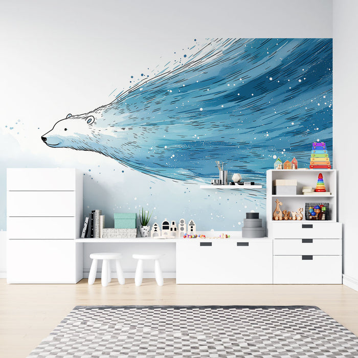 Une chambre d'enfant avec un papier peint illustrant un ours polaire stylisé aux traits fluides et bleus, créant une ambiance ludique et apaisante.