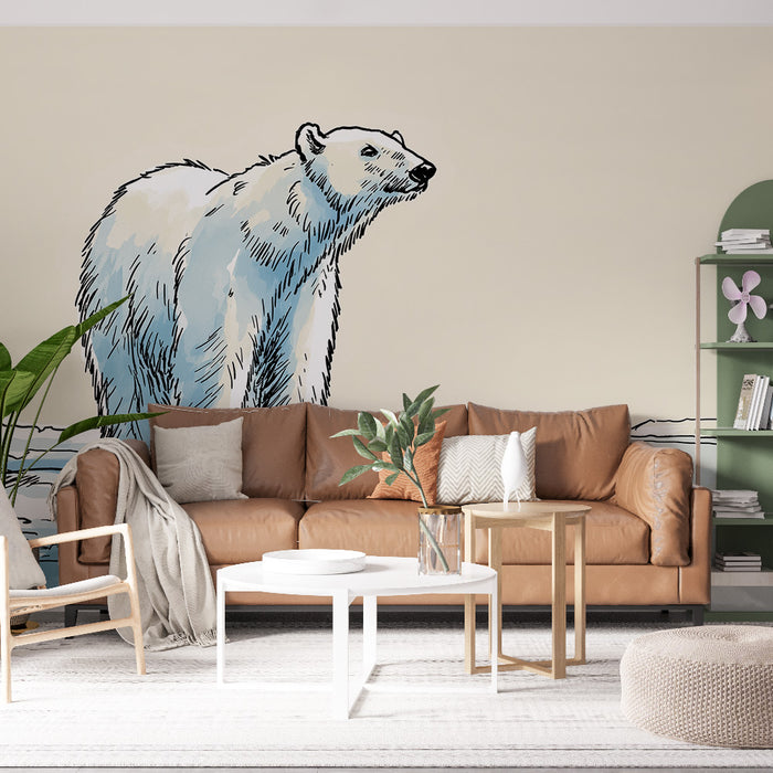 Un salon moderne avec un papier peint illustrant un ours polaire stylisé en bleu et blanc, créant une ambiance artistique et rafraîchissante.