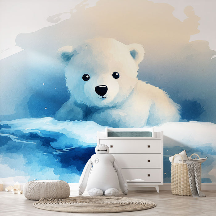 Une chambre d'enfant avec un papier peint illustrant un ours polaire aux teintes douces de bleu et blanc, créant une ambiance douce et apaisante.