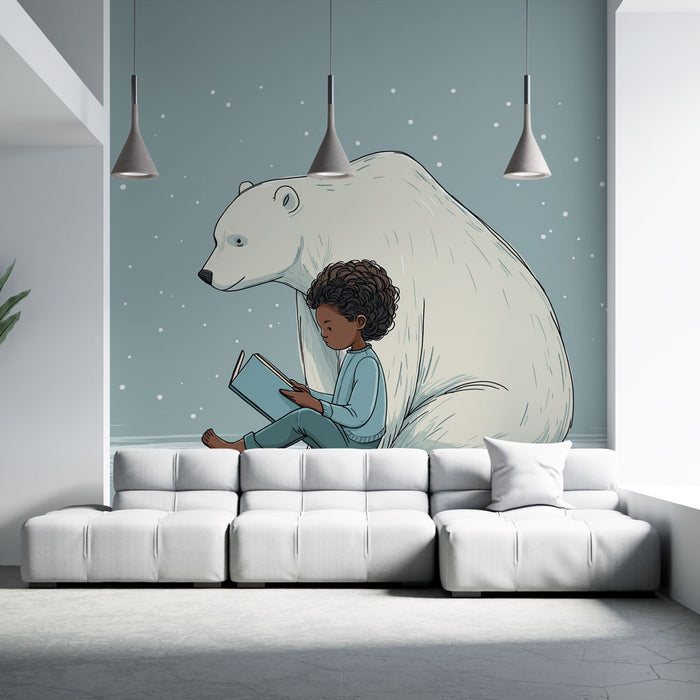 Une pièce moderne avec un papier peint illustratif représentant un enfant lisant à côté d'un ours polaire sur fond bleu apaisant, créant une atmosphère douce et imaginative.