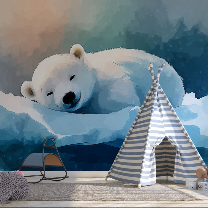 Une chambre d'enfant avec un papier peint illustrant un ours polaire paisible sur un fond dégradé de bleus, créant une atmosphère douce et apaisante.