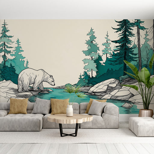 Un salon moderne avec un papier peint illustrant un ours sur fond de paysage forestier stylisé en teintes vertes et beige, créant une ambiance naturelle et apaisante.