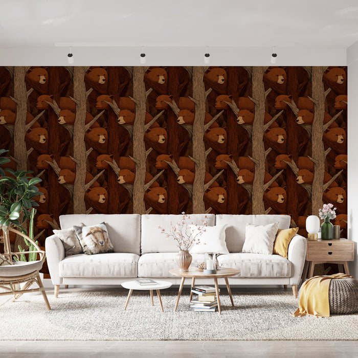 Un salon chaleureux avec un papier peint illustrant des ours bruns sur fond bois, créant une ambiance naturelle et accueillante.