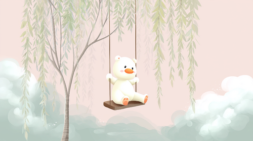 Papier peint ourson jouant Un doux ourson sur une balançoire sous un saule pleureur