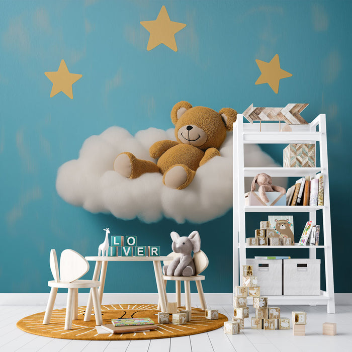 Papier peint ourson | Nuage et étoiles pour une chambre d'enfant