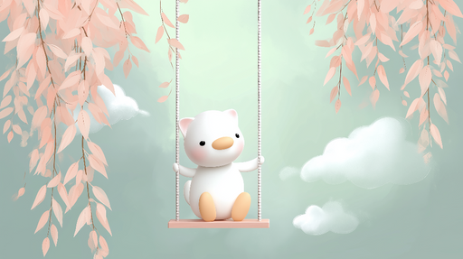 Papier peint ourson rêveur Ourson mignon sur une balançoire entouré de feuilles pastel