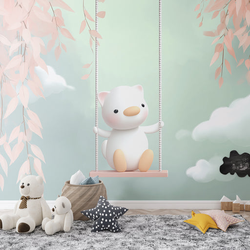 Une chambre d'enfant avec un papier peint illustrant un adorable ourson sur une balançoire, entouré de feuillages délicats et de nuages doux, créant une atmosphère ludique et apaisante.
