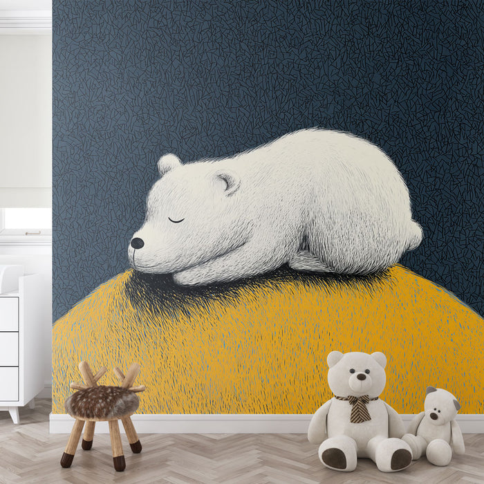 Une chambre enfantine avec un papier peint illustrant un ours polaire endormi sur un fond bleu nuit et une colline jaune, créant une atmosphère douce et apaisante.