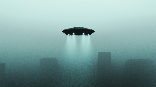 Papier peint OVNI Vaisseau spatial au-dessus d'une ville foggy