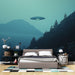 Une chambre contemporaine avec un papier peint représentant un paysage mystique bleu-vert, où un vaisseau spatial flotte au-dessus de montagnes sombres, créant une atmosphère intrigante et surréaliste.