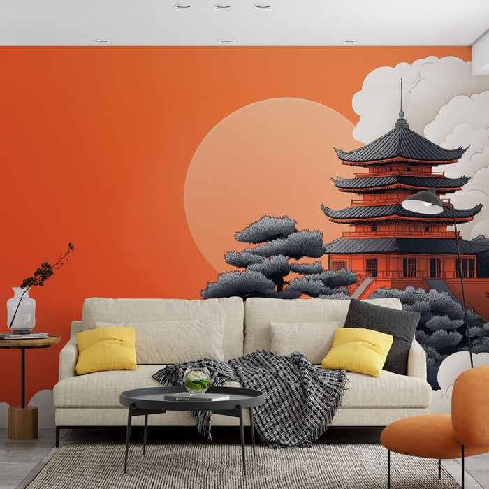 Un salon moderne avec un papier peint représentant un paysage asiatique en noir et orange, évoquant une atmosphère zen et chaleureuse.