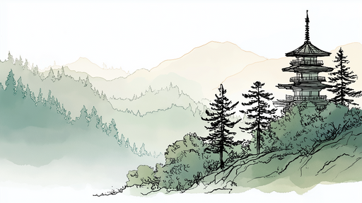 Papier peint pagode et montagne Paysage avec une pagode au milieu des arbres et des montagnes