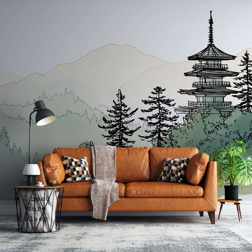 Un salon contemporain avec un papier peint représentant des montagnes et un temple asiatique en contours noirs, créant une atmosphère apaisante et inspirante.