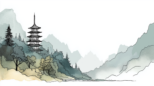 Papier peint pagode Paysage tranquille avec une pagode et des montagnes douces