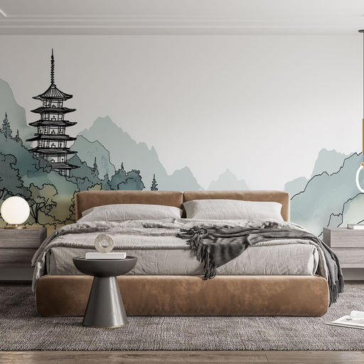 Une chambre moderne avec un papier peint représentant des montagnes aquarelle et une pagode en contours noirs, créant une atmosphère zen et apaisante.