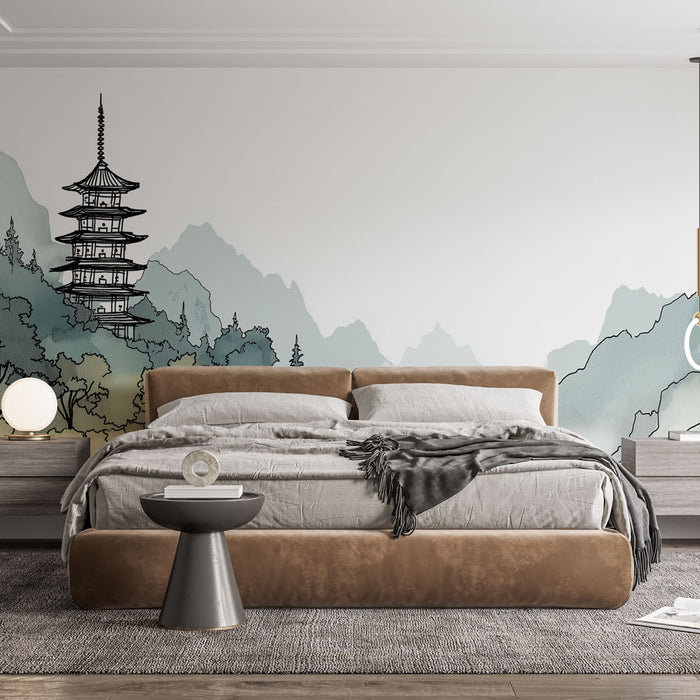 Une chambre moderne avec un papier peint représentant des montagnes aquarelle et une pagode en contours noirs, créant une atmosphère zen et apaisante.