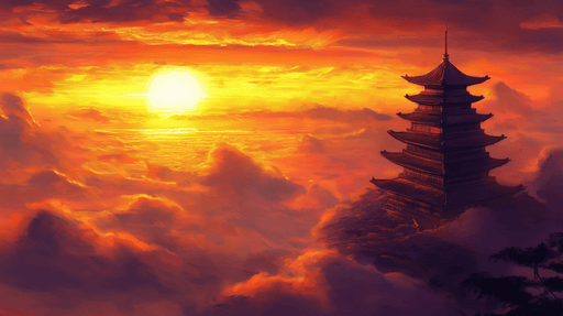 Papier peint pagode sur fond de coucher de soleil Une scène mystique aux couleurs vives
