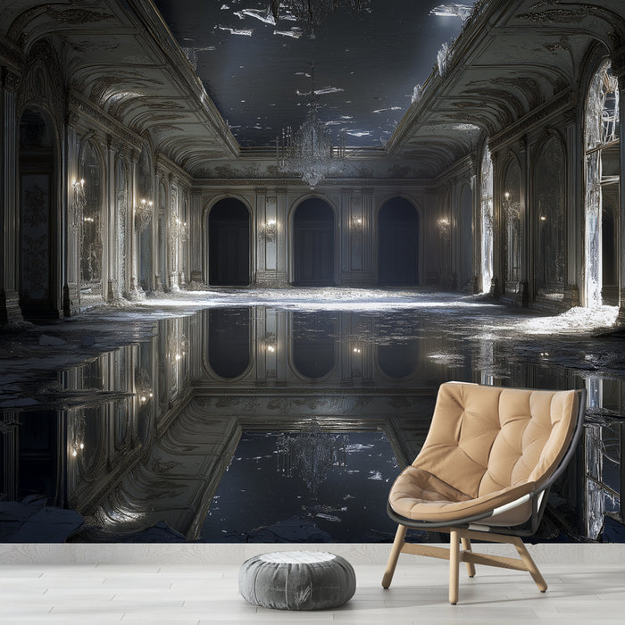 Une pièce élégante avec un papier peint représentant un grand hall ancien aux murs ornés, créant une atmosphère mystérieuse et majestueuse.