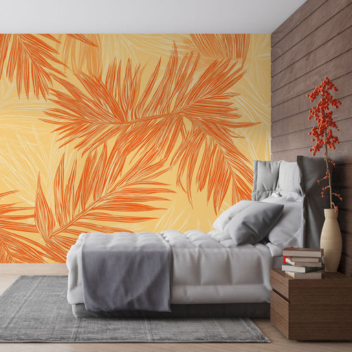 Papier peint palmes orange sur fond jaune pour chambre moderne et élégante