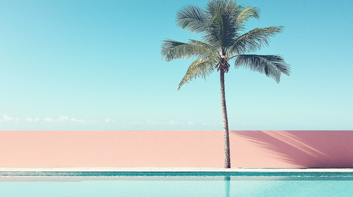 Papier peint palmier au bord de la piscine Une scène apaisante avec des teintes douces de bleu et rose