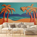 Une pièce de vie lumineuse avec un papier peint tropical représentant des palmiers stylisés sur un fond turquoise évoquant une ambiance estivale et relaxante.
