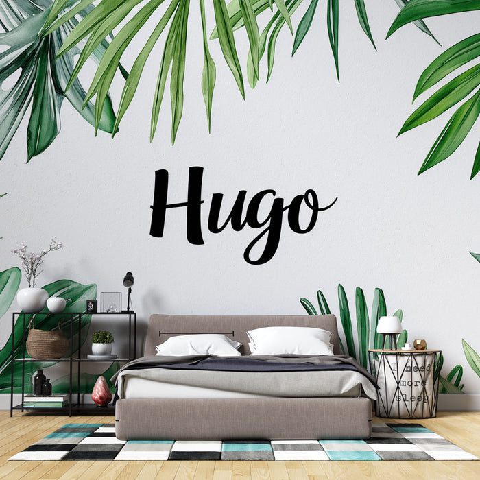 Papier peint palmier | Décoration tropicale avec prénom Hugo