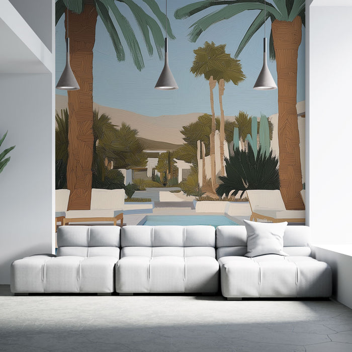 Un salon moderne avec un papier peint représentant une scène tropicale stylisée, mêlant des palmiers et une piscine, créant une ambiance relaxante et estivale.